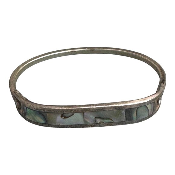 Vintage Abalone Inlay Sterling Silver 925 Hinged Bangle Bracelet 6.5" Southwest - Picture 7 of 8
